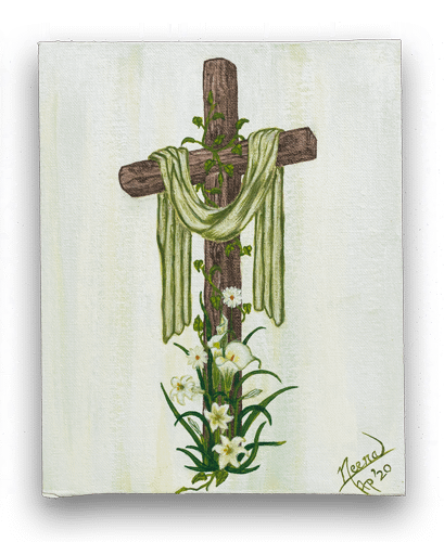 Life on the Cross - Water color painting of the cross with wines and flowers growing Framed Canvas Painting by Paint Your Canvas India