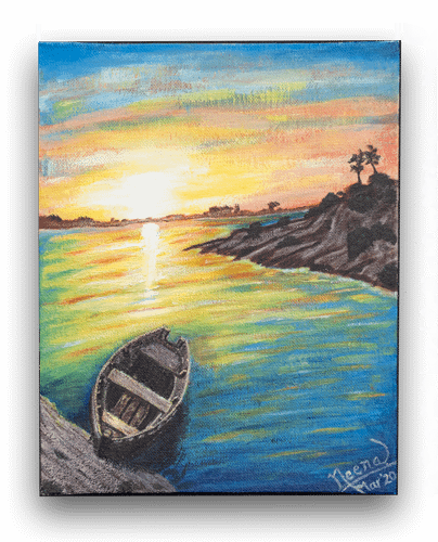 A beautiful painting of a sunset, by a river side. watercolor Painting on canvas by Paint Your Canvas India