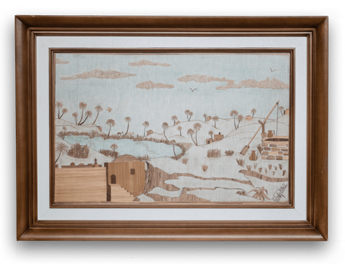 Oasis - Painting of a hillside scene, with wooden houses, birds cloud, all made with organic materials.